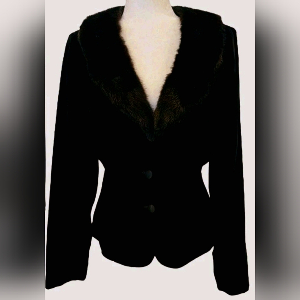 Victor Costa Fox Fur Velvet Jacket, Like New Thick Fox Lapel, Glass Bead Buttons